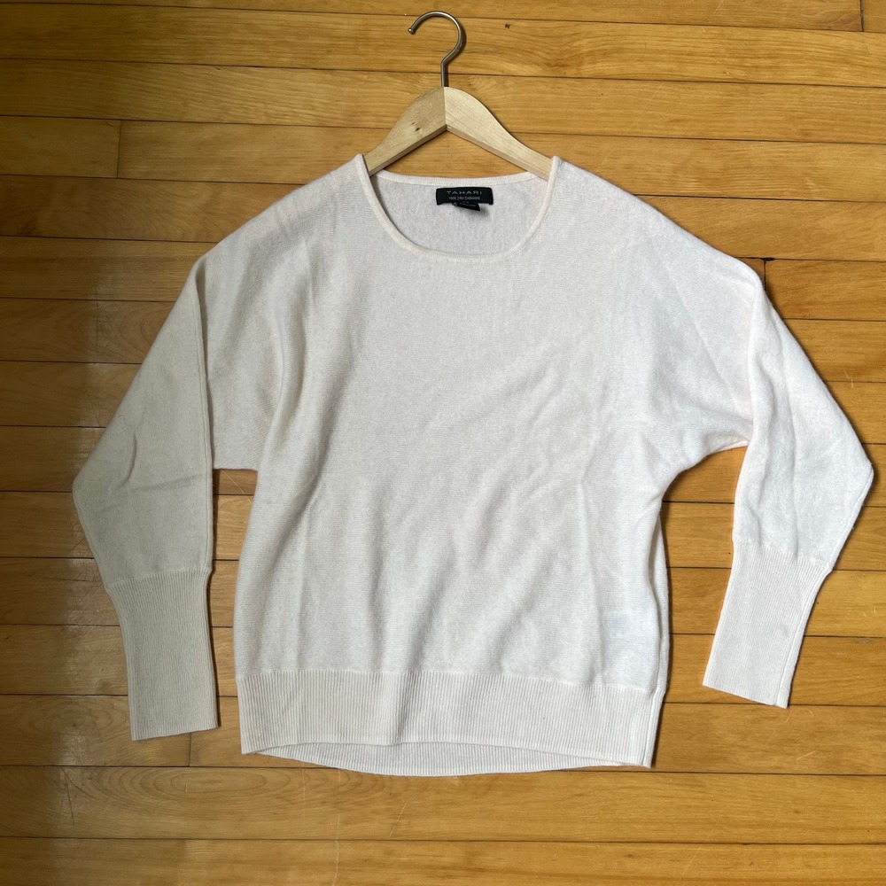 Tahari 100% 2-Ply Cashmere Sweater Ivory Cream Dolman Sleeve Crew Neck Small